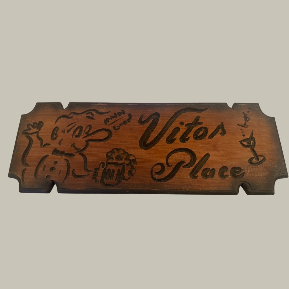 Vintage Hand Carved Wood Bar Sign Vitos Place Rustic Man Cave Wall Decor 20x7"